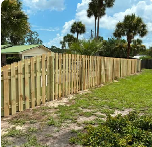 Spaced wood picket fence along a residential side yard with palms behind it